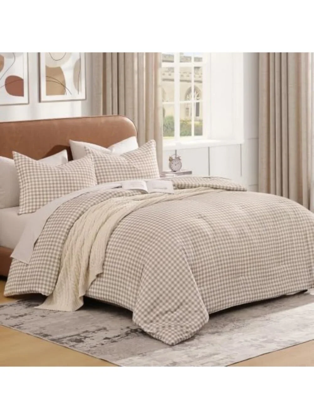 Cozy Tan Gingham Twin Comforter Set | Brown Checkered Plaid Bedding Decor